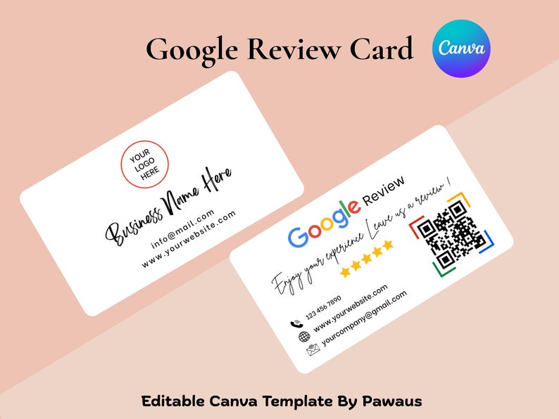 Modern Google review card template design with angled front and back layout and branding space for business logo.