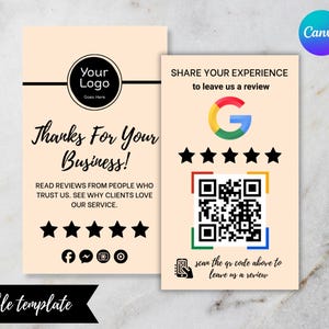 Professional mockup of the Google Review Card template with front logo, five-star rating, and QR code, demonstrating how it can be displayed on counters or handed to clients for quick Google reviews.