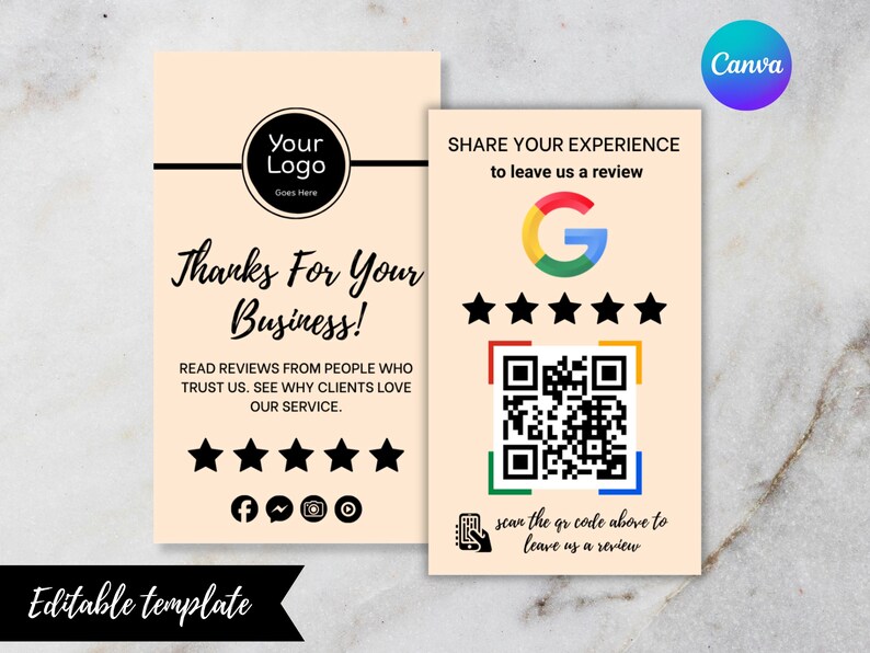 Professional mockup of the Google Review Card template with front logo, five-star rating, and QR code, demonstrating how it can be displayed on counters or handed to clients for quick Google reviews.