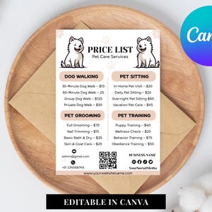 Pet Care Price List Template Canva Editable | Grooming, Sitting, Walking Services Menu