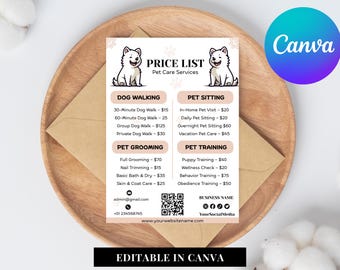 Pet Care Price List Template Canva Editable | Grooming, Sitting, Walking Services Menu