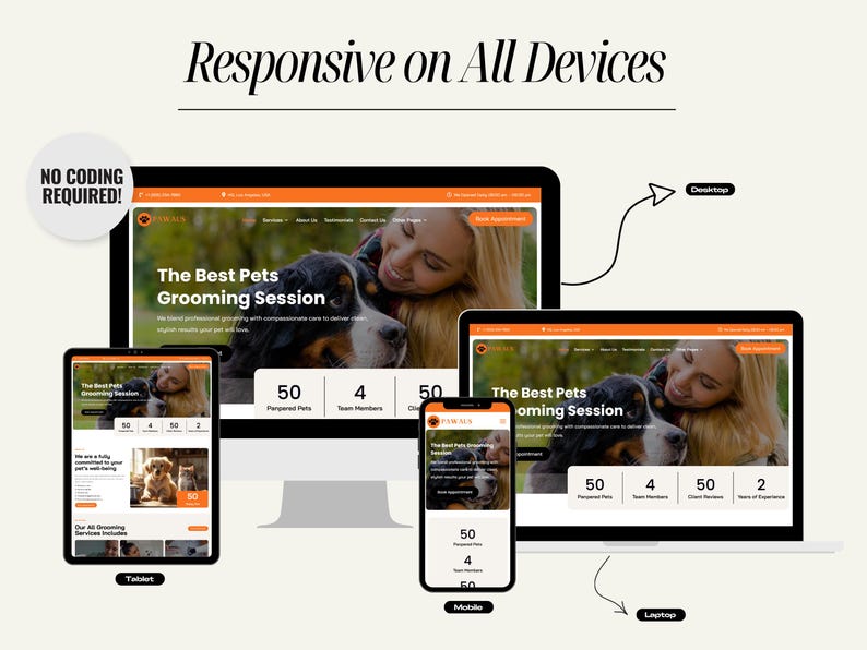Pawaus professional pet care website template for groomers, veterinarians, and local animal service providers. Fully responsive, SEO-ready, with Divi drag-and-drop builder. Includes booking and inquiry pages, pre-built layouts, and customizable colors and fonts. Perfect for small pet businesses wanting a polished, client-friendly online presence in hours.