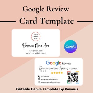 Może przedstawiać: Cyfrowy szablon kart Google Review. Projekt zawiera dwie białe karty z zaokrąglonymi rogami, jedną z miejscem na logo i informacje o firmie, a drugą z monitem Google Review, kodem QR i danymi kontaktowymi.