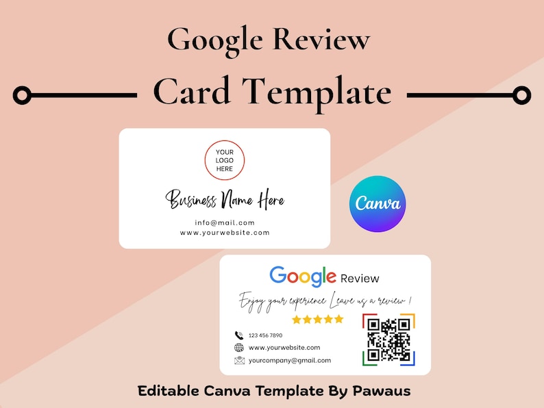 Google review card template showcase featuring clean branding layout, business information section, and Canva editing availability.