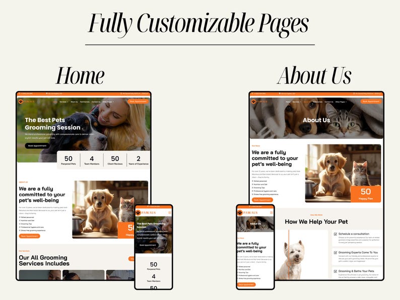 Fast-loading pet website template for animal care providers, groomers, pet sitters, and veterinary clinics. Includes Divi pre-built pages, mobile-responsive design, SEO-friendly layout, booking and inquiry pages, and easy visual customization. Ideal for local pet businesses aiming to launch a professional, client-attracting website quickly and efficiently.