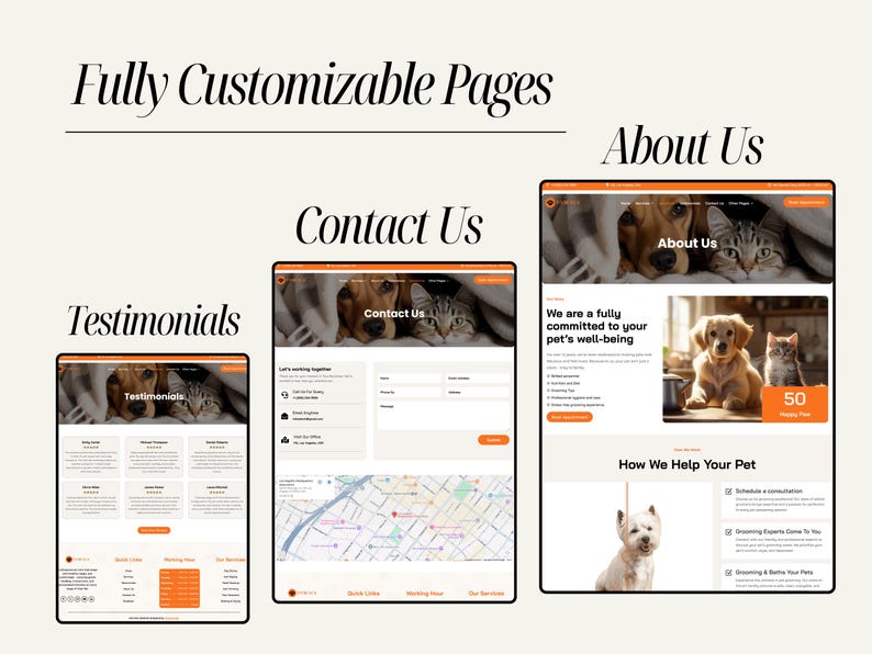 Customizable Divi WordPress template for pet care businesses including pet sitting, grooming, dog walking, and veterinary services. SEO-ready, responsive, and easy to edit with drag-and-drop builder. Launch a professional website quickly, display services effectively, manage bookings, and attract local clients with a polished online presence.