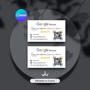 Editable Google review card Canva template preview displaying two card variations with QR code for customer feedback.