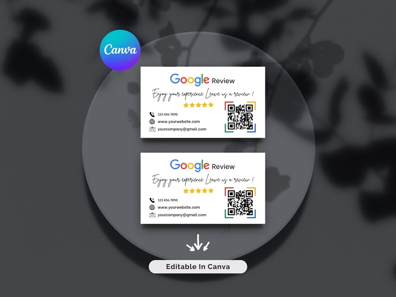 Editable Google review card Canva template preview displaying two card variations with QR code for customer feedback.