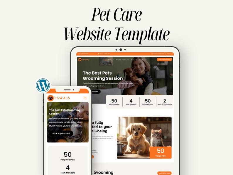 Pawaus pet care website template designed for professional groomers, veterinarians, and local animal service providers. Fully customizable with Divi, responsive layout, drag-and-drop editing, booking and inquiry pages included. Perfect for dog walking, pet sitting, adoption services, and grooming salons aiming to create a polished online presence for clients.