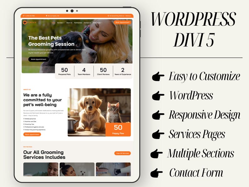 Comprehensive pet service provider WordPress template. Features Divi drag-and-drop builder, fully responsive design, booking and inquiry pages, and SEO-ready structure. Ideal for groomers, veterinarians, dog walkers, and pet sitters. Highlights services professionally and enhances client engagement. Pawaus ensures easy customization, fast launch, and an attractive, user-friendly website for local pet businesses.