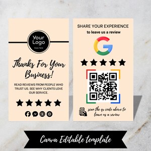 Canva editable Google Review Card template mockup showing a minimalistic design with QR code, customizable branding options, and clear 5-star rating display, ready for printing or digital use.