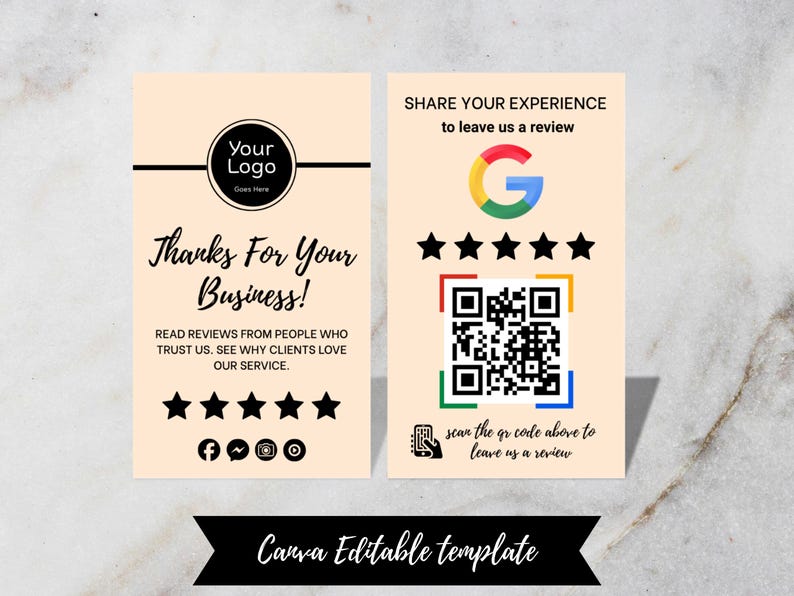 Canva editable Google Review Card template mockup showing a minimalistic design with QR code, customizable branding options, and clear 5-star rating display, ready for printing or digital use.