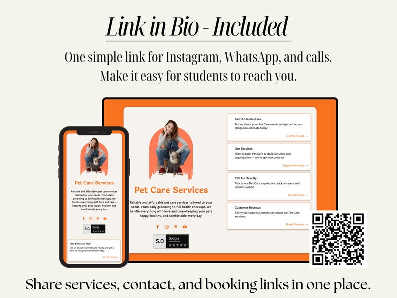 Divi pet services template for local veterinarians, groomers, and dog walkers. Includes responsive pages, visual drag-and-drop editing, booking forms, and inquiry sections. Perfect for pet care providers, boarding services, and adoption centers who want a polished, professional website that highlights their services while offering clients a smooth, mobile-friendly experience.