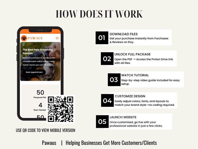 Customizable landing page template for pet grooming, adoption, and boarding services. Mobile-responsive design, SEO-ready, with booking and inquiry pages included. Drag-and-drop visual editing allows fast updates to text, images, and layouts. Ideal for small pet businesses, dog walkers, groomers, and veterinary clinics wanting a professional online presence.