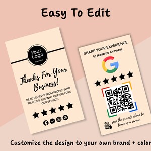 Close-up of the Google Review Card Canva template emphasizing easy editing features, including drag-and-drop photos, customizable background colors, and editable text for business branding.