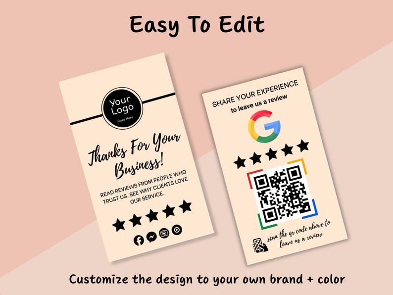 Close-up of the Google Review Card Canva template emphasizing easy editing features, including drag-and-drop photos, customizable background colors, and editable text for business branding.