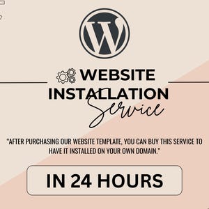 以下が含まれることがあります： ウェブサイトのインストールサービスを宣伝するグラフィック。WordPressのロゴ、「WEBSITE INSTALLATION Service」の文字、そして「IN 24 HOURS」のテキストが特徴です。背景は淡いピーチ色です。