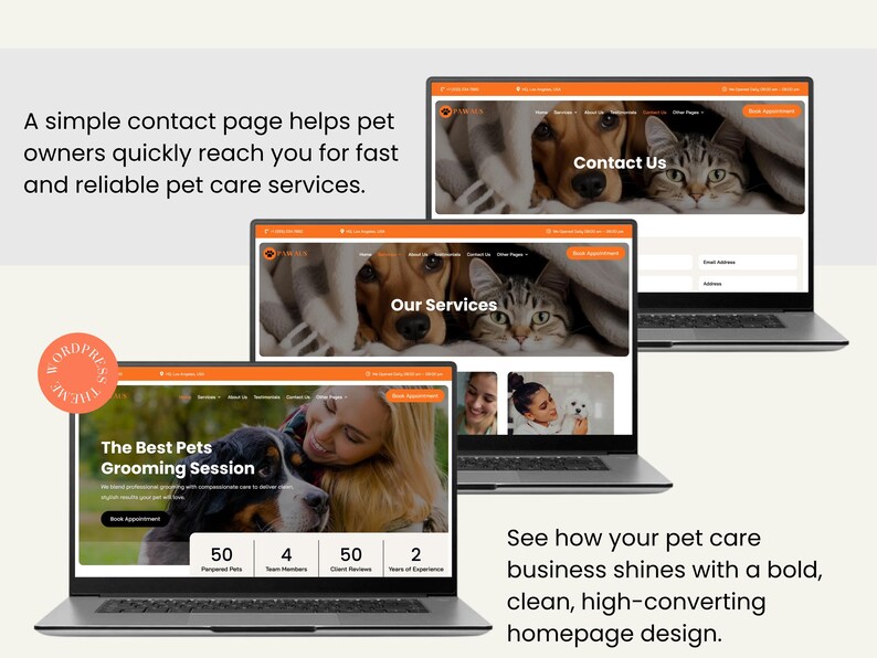 Fast-loading pet care website template for animal care providers, groomers, pet sitters, and veterinary clinics. Includes Divi pre-built pages, mobile-responsive design, SEO-friendly layout, booking and inquiry pages, and easy visual customization. Ideal for local pet businesses aiming to launch a professional, client-attracting website quickly and efficiently.