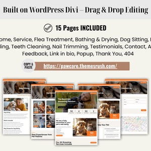 Professional dog walking and pet sitting WordPress template by Pawaus. Includes pre-built pages, booking forms, SEO-friendly structure, and mobile-responsive design. Ideal for small businesses, grooming centers, veterinary clinics, or pet boarding services. Easy visual editing with Divi allows quick setup, helping local pet care businesses attract more clients efficiently online.