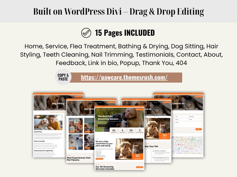 Professional dog walking and pet sitting WordPress template by Pawaus. Includes pre-built pages, booking forms, SEO-friendly structure, and mobile-responsive design. Ideal for small businesses, grooming centers, veterinary clinics, or pet boarding services. Easy visual editing with Divi allows quick setup, helping local pet care businesses attract more clients efficiently online.