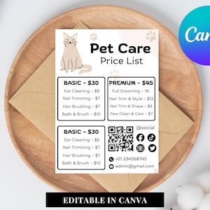 Pet Care Price List Template Editable in Canva | Grooming, Sitting & Walking Pricing Sheet