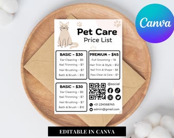 Pet Care Price List Template Editable in Canva | Grooming, Sitting & Walking Pricing Sheet
