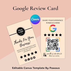 Pode incluir: Dois cartões de revisão do Google bege com texto preto e classificações por estrelas. Um cartão diz "Obrigado pelo seu negócio!" e inclui ícones de mídia social. O outro cartão tem um código QR e o logotipo do Google com o texto "Compartilhe sua experiência para nos deixar uma avaliação."