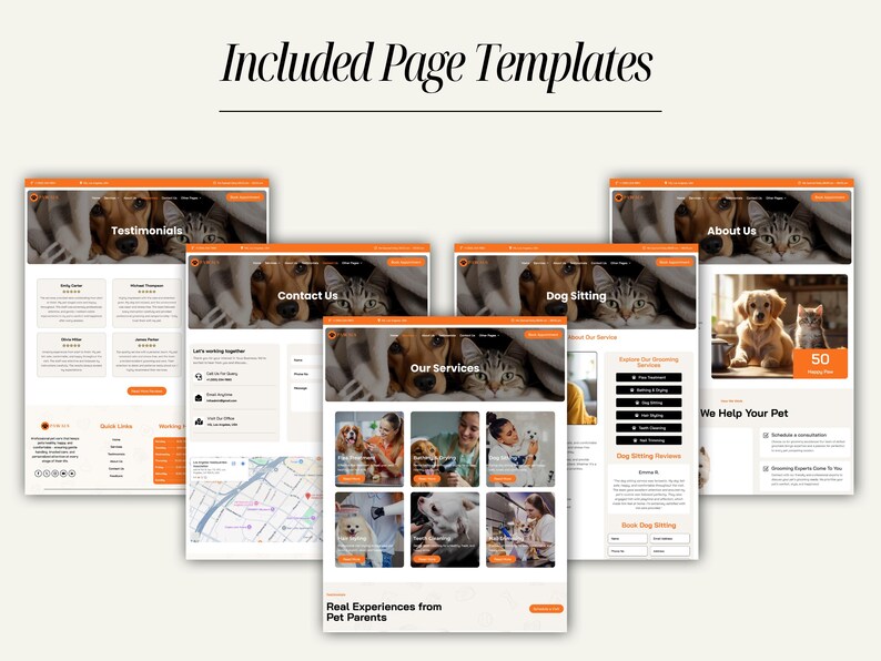 SEO-optimized pet care website template built with Divi. Fast-loading, mobile-friendly, and fully customizable. Includes pre-built pages for home, services, reviews, contact, and social link promotions. Designed to help pet care businesses attract local clients, showcase services professionally, and manage appointments efficiently through easy booking and inquiry forms.