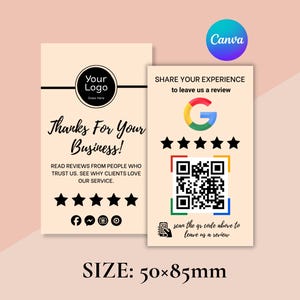 Editable Google Review Card Canva template shown in 50x85mm size, highlighting the front logo section and QR code review section, perfect for service calls, counters, or digital sharing.