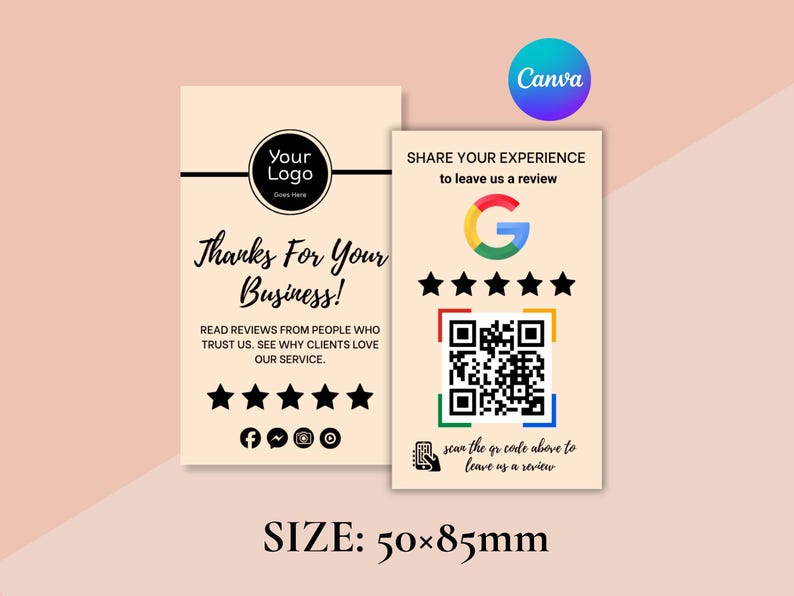 Editable Google Review Card Canva template shown in 50x85mm size, highlighting the front logo section and QR code review section, perfect for service calls, counters, or digital sharing.