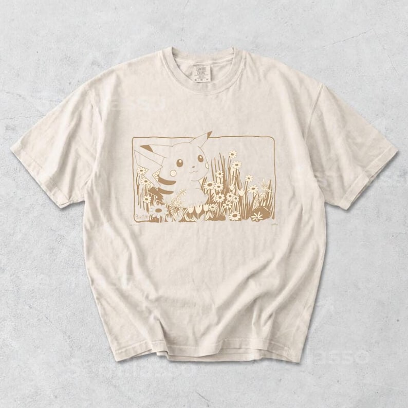 Pokemon Pikachu Shirt, Vintage Wildflower Tee, Cottagecore Pikachu Gift, Retro Floral Top, Comfort Colors Shirt, Gift for Pokemon Fans image 1