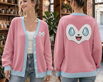 Cardigã Sylveon Pokémon, Suéter de Tricô Rosa Kawaii, Cardigã Anime Pastel, Suéter Fofo com Olho e Coração da Sylveon, Presente Delicado para Meninas, Presente de Natal