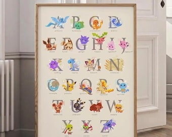 Cute Pokemon Alphabet Poster, Kawaii Pikachu Eevee Nursery Wall Art, Anime ABC Chart, Kids Room Educational Decor, Gamer Baby Shower Gift