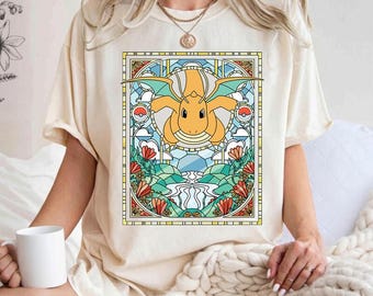 Camiseta Comfort Colors Dragonite con estampado de vidrieras, camiseta retro de anime de dragones, camiseta gráfica de dragones de cuento de hadas, regalo kawaii para fans del anime, regalo de cumpleaños