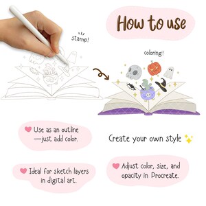 May include: A digital illustration showing how to use a stamp set featuring an open book with Halloween-themed icons like a skull, pumpkin, ghost, and cauldron. Text includes How to use, stamp!, coloring!, Use as an outline&mdash;just add color., Create your own style, Ideal for sketch layers in digital art., and Adjust color, size, and opacity in Procreate.