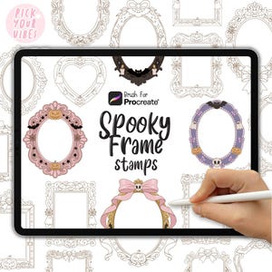 May include: A digital tablet screen displaying a collection of Spooky Frame stamps for Procreate. The screen features various decorative frames with Halloween-themed motifs like pumpkins, bats, ghosts, and skulls in pink, purple, and black.