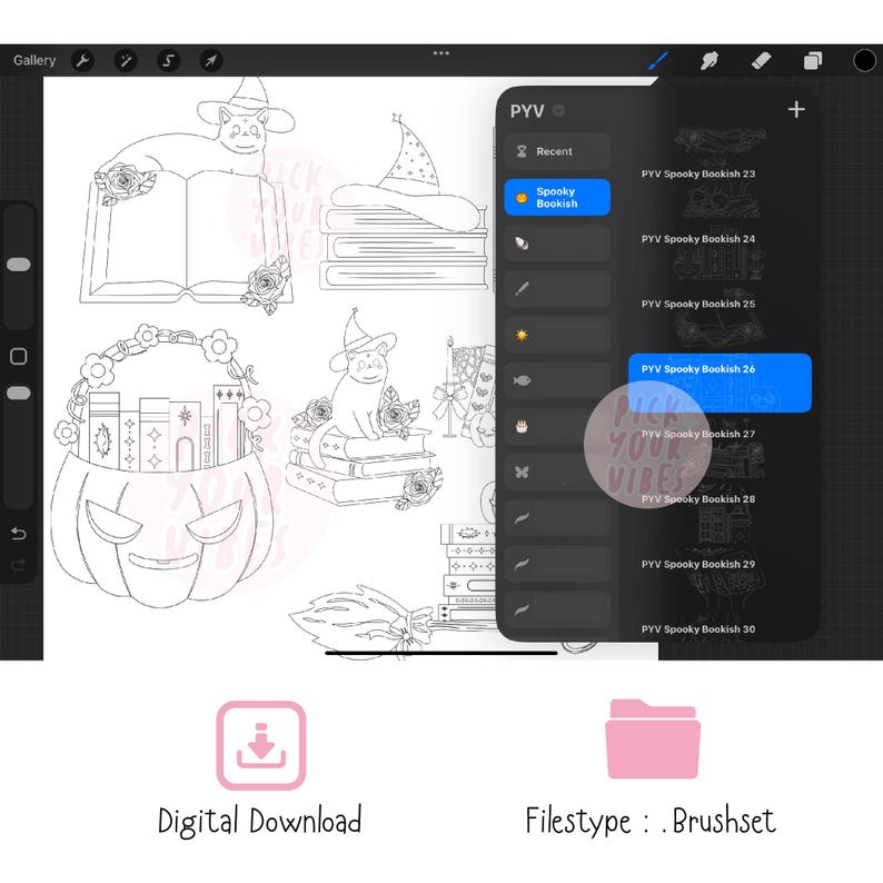 May include: A digital illustration set featuring black line art of cats, witch hats, books, roses, and a jack-o'-lantern basket. The interface shows a brush set menu titled PYV Spooky Bookish with a list of numbered files. Text includes Digital Download and Filestype: .Brushset.