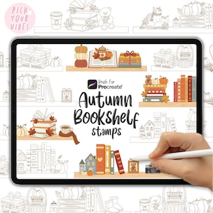 May include: A digital tablet screen displaying a collection of Autumn Bookshelf stamps for Procreate. The screen features various illustrations of stacked books, pumpkins, candles, and cosy decor items arranged on shelves, with the text Autumn Bookshelf stamps.