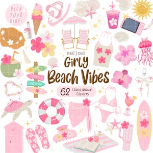 May include: A collection of hand-drawn beach-themed clip art in shades of pink, white, and yellow. The image includes a variety of items such as a bikini, surfboard, ice cream cone, and the text "Girly Beach Vibes".