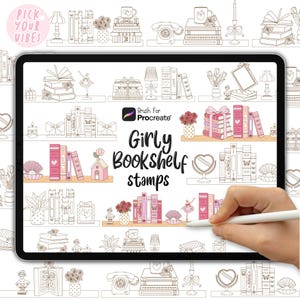 May include: A digital illustration on a tablet featuring "Girly Bookshelf stamps" for Procreate. The design includes pink and white books, flowers, and decorative elements. A hand with a stylus is shown interacting with the tablet.
