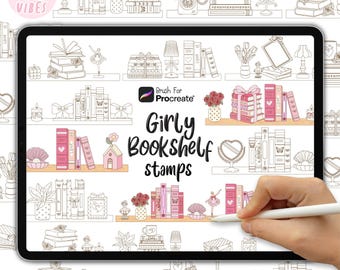 May include: A digital tablet screen displaying a collection of line art stamps titled Girly Bookshelf stamps, featuring illustrations of books, vases, lamps, mirrors, and decorative items arranged on shelves, with the Procreate logo visible.