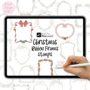 May include: A digital tablet screen displaying a collection of Christmas ribbon frame stamps for Procreate. The screen features various decorative outlines of frames adorned with bows, holly, and berries, with the text "Christmas Ribbon Frames stamps" and "Brush For Procreate" visible in the center.