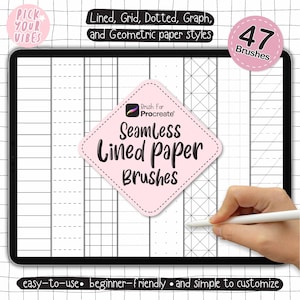 May include: A digital tablet screen displaying a collection of 47 seamless paper brushes for Procreate. The screen shows various patterns including lined, grid, dotted, graph, and geometric styles with text labels and a central pink diamond badge.