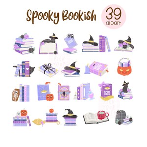 May include: A collection of 39 digital illustrations titled Spooky Bookish featuring stacks of purple and blue books, black cats, witch hats, pumpkins, skulls, spell books, candles, and floral accents in a flat graphic style for creative projects.