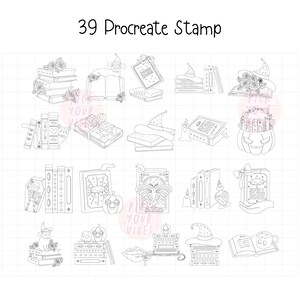 May include: A collection of 39 black and white line art digital stamps labeled 39 Procreate Stamp. The illustrations feature stacks of books, cats, witch hats, pumpkins, skulls, moths, candles, and spell books with intricate details and floral accents.