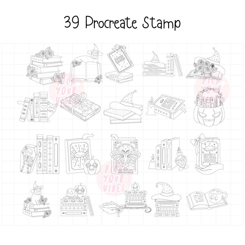 May include: A collection of 39 black and white line art digital stamps labeled 39 Procreate Stamp. The illustrations feature stacks of books, cats, witch hats, pumpkins, skulls, moths, candles, and spell books with intricate details and floral accents.