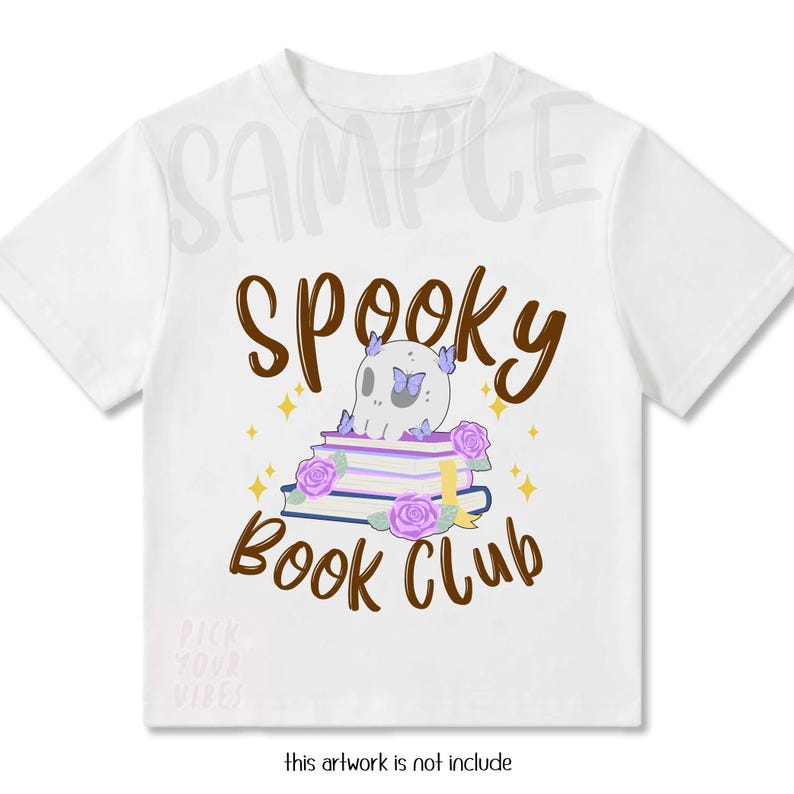 May include: A white short-sleeved t-shirt featuring a graphic print of a skull resting on a stack of books, surrounded by purple roses and butterflies. The text "SPOOKY BOOK CLUB" is printed in brown above and below the central illustration.