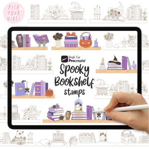 May include: A digital tablet screen displaying a collection of Spooky Bookshelf stamps for Procreate. The interface features various illustrations of bookshelves, books, pumpkins, skulls, and witch hats in purple, orange, and black color palettes.