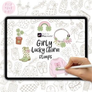 May include: Digital art stamps for Procreate, themed around 'Girly Lucky Charms'. The image shows sketches of clothing, accessories, and lucky charms, such as a rainbow, shamrocks, boots, and a sweater. The text 'Pick Your Vibes' is in the upper left corner.