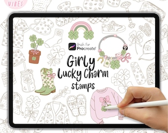 May include: A digital art illustration of "Girly Lucky Charm Stamps" for Procreate. The image features various sketches of clothing, accessories, and lucky charms, including a rainbow, shamrocks, boots, and a sweater. The text "Pick Your Vibes" is in the upper left corner.